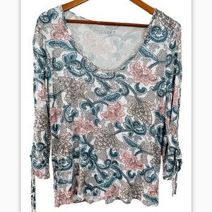 Loft White Floral Print 3/4 Sleeve Blouse L Rayon